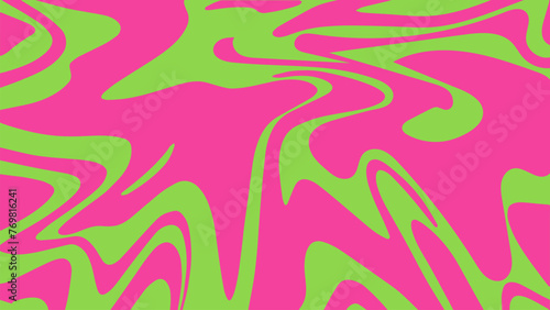Psychedelic trippy retro background in groovy y2k style. Simple abstract vector illustration. Liquid marble texture, wavy or swirly print in pink and acid green colors.