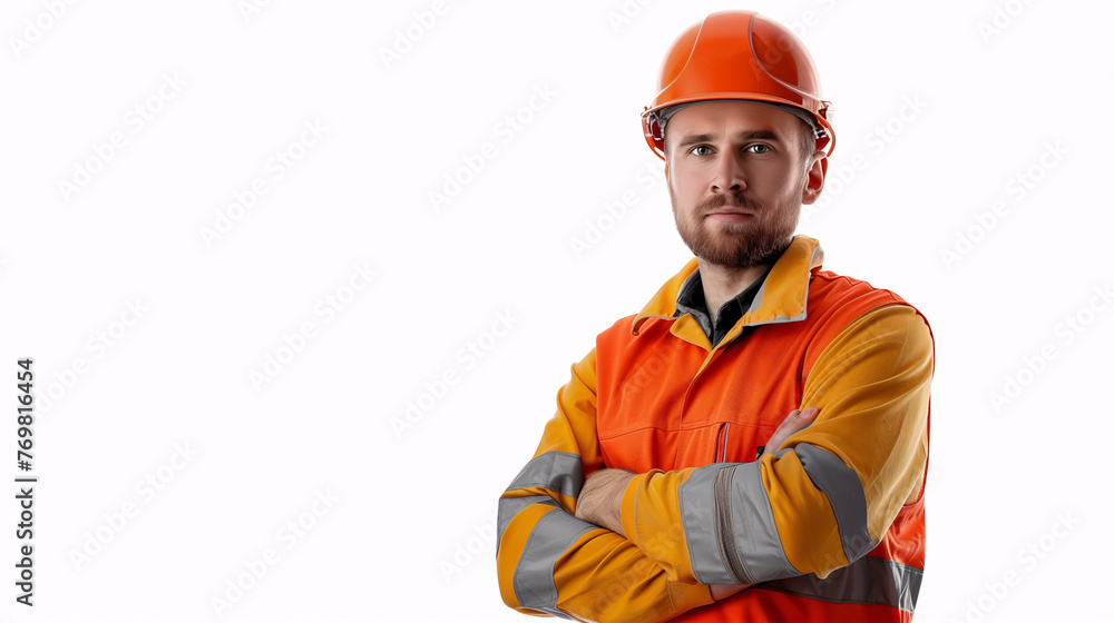 Focused Construction Worker in Safety Gear Isolated on White Background Focused Construction Worker in Safety Gear Isolated on White Background