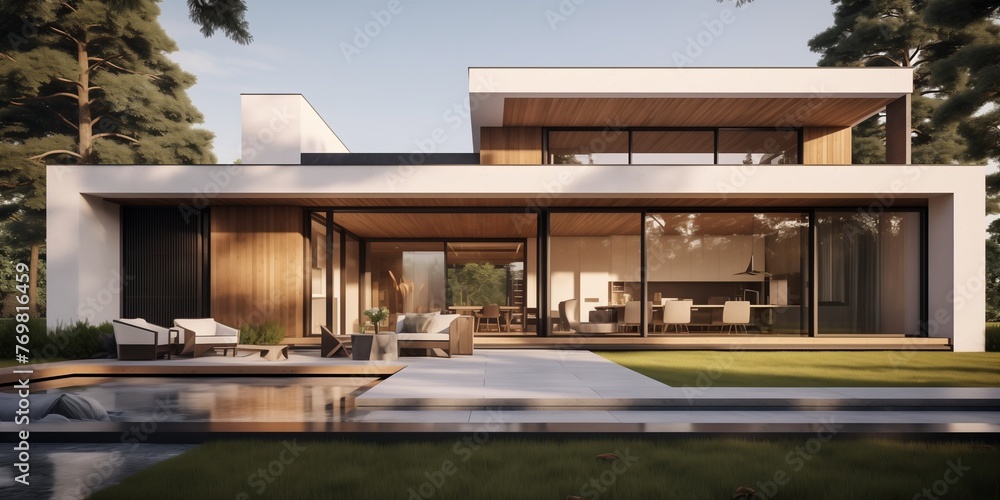 A minimalist modern exterior house style seamlessly blending into a modern living room interior, with clean architectural lines, neutral color palette, and tasteful decor.
