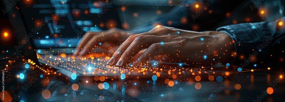 A person typing on an office computer with digital connections and data flowing from the keyboard, representing technology in business communication. Generative AI A person typing on an office computer with digital connections and data flowing from the keyboard, representing technology in business communication. Generative AI