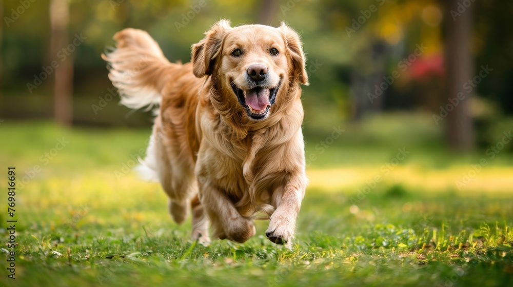 a cute dog is running on lawn