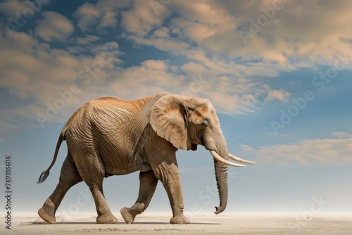 An elephant walking on clear landscape with blue sky