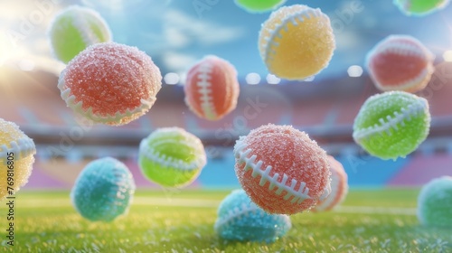 floating cluster of delicious ball shape candy in stadium