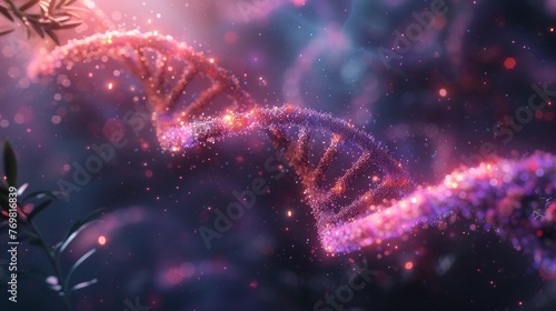 DNA molecule structure. Glowing particles science background for banner or flyer