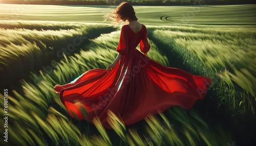 Woman walking gracefully through a green windy field filled with tall swaying grass.