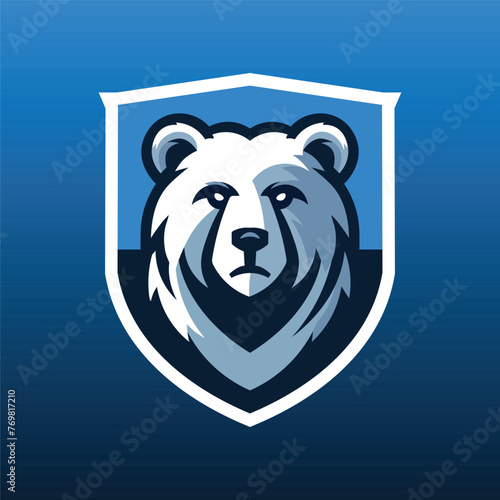 Stylized blue bear within a shield