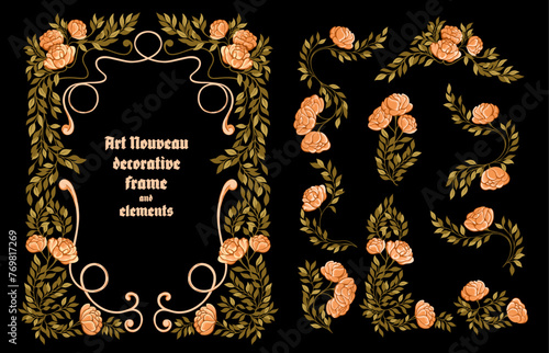 Art Nouveau floral frame and decorative elements. Vector.