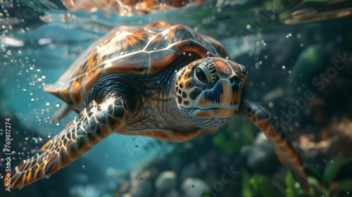 Turtle swimming in the water, close-up view of the underwater world