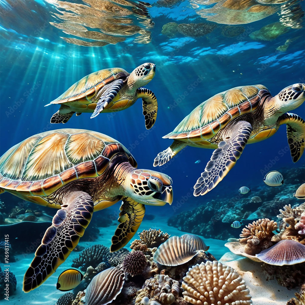 Fototapeta premium A family of sea turtles. generative ai