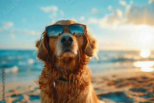 Dog in sunglasses on the beach, seaside happiness, pet sunbathing, summertime relaxation.