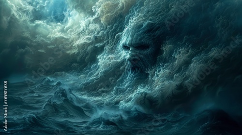 Surreal storm with a face materializing from turbulent ocean waves under a brooding sky.