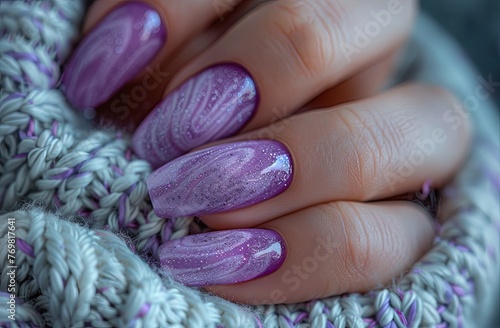 A hand with beautiful lavender colored nail polish on her fingernails, wearing a white sweater in front of a black background with studio lighting. generative AI © Skiffcha