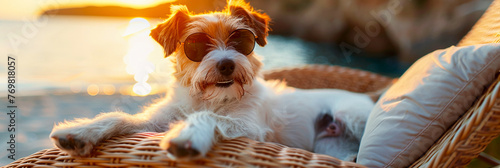 Dog in sunglasses on the beach, soaking up the sun, ocean backdrop, stylish eyewear. photo