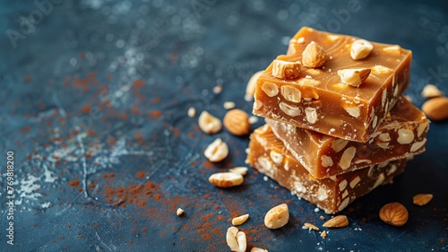 Stacked peanut brittle pieces on a blue textured background with scattered nuts and caramel shards. photo