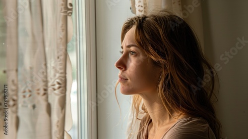 A woman is gazing outside a window with light curtains, lost in thought.