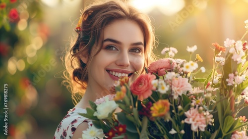 A smiling woman holding a bouquet of flowers in sunlit floral garden.