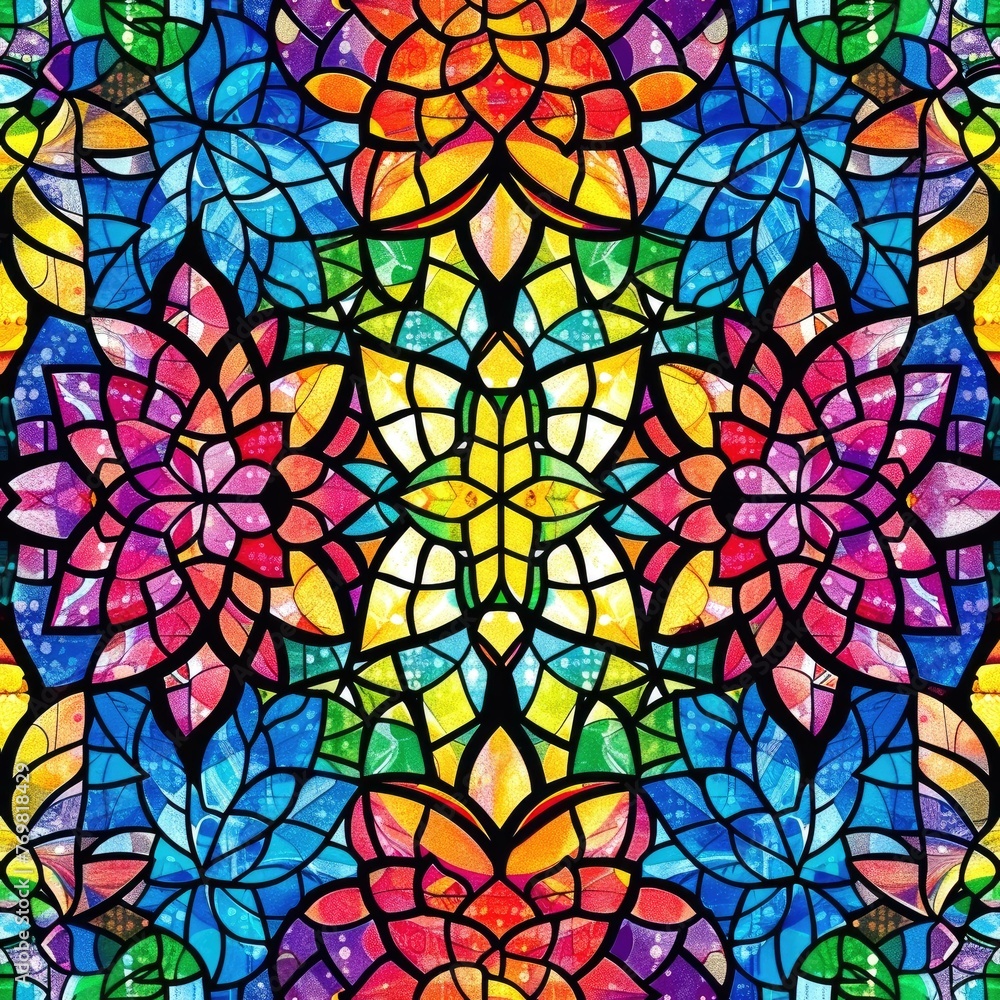 Kaleidoscopic Lotus Mosaic: Vibrant Tileable Stained Glass Pattern