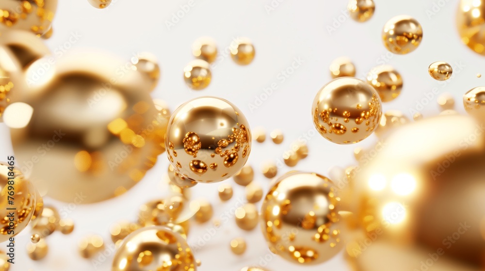 Golden spheres on white background. Abstract illustration, flying golden balls, metallic gold beads, round and shiny objects, wallpaper, pearls, metal balls. Generated by artificial intelligence. Golden spheres on white background. Abstract illustration, flying golden balls, metallic gold beads, round and shiny objects, wallpaper, pearls, metal balls. Generated by artificial intelligence.