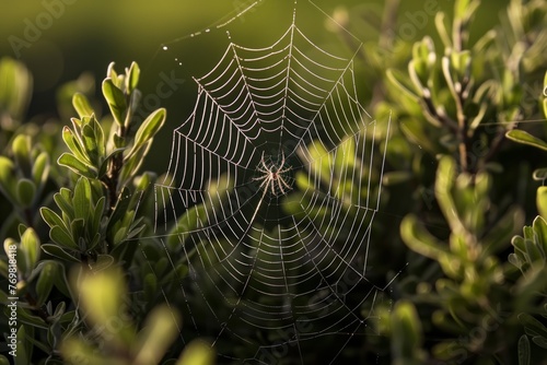 spider spinning web between branches of a bush © primopiano