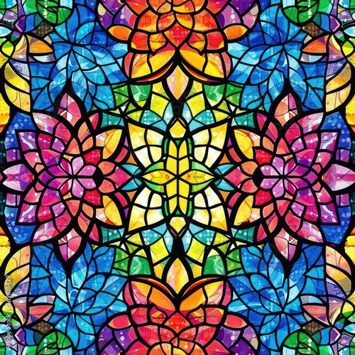 Kaleidoscopic Lotus Mosaic  Vibrant Tileable Stained Glass Pattern