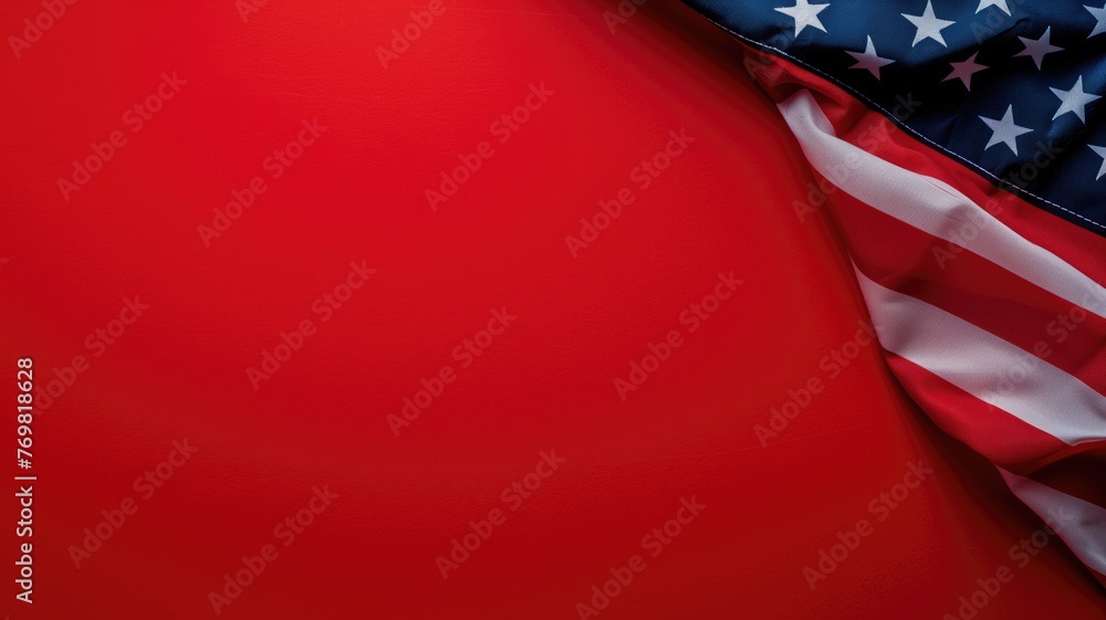 Close-up of the American flag draped elegantly on a shiny red surface. Close-up of the American flag draped elegantly on a shiny red surface.