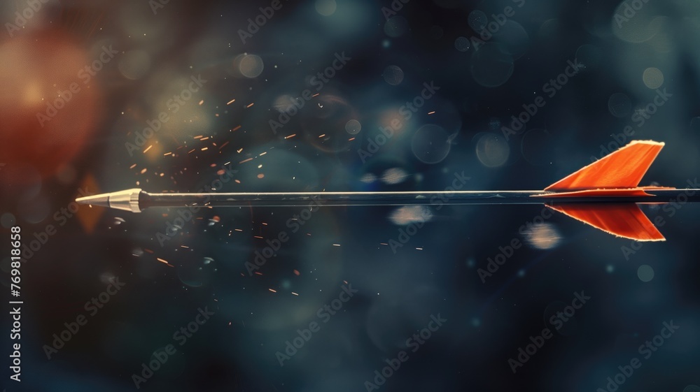A close-up of a flying arrow with an orange fletching, sparks around it, against blurred background. A close-up of a flying arrow with an orange fletching, sparks around it, against blurred background.