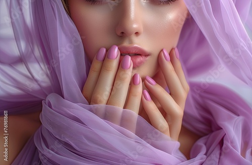 Beautiful woman's hands with pink nail polish on her fingernails wrapped in light purple fabric, in the style of closeup view. Generative AI