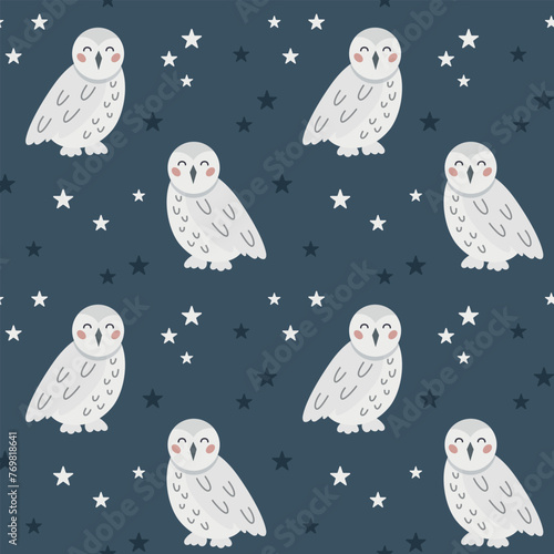 Seamless pattern with cute hand draw white polar owl and stars on dark blue background. Design for printing, textile, fabric. © AnaRisyet