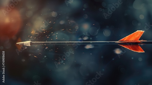 A close-up of a flying arrow with an orange fletching, sparks around it, against blurred background.