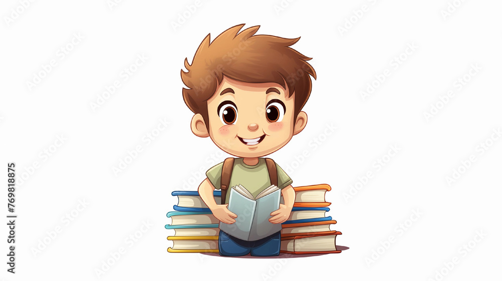Drawn little boy with backpack and books on white background. Drawing of schoolboy child with textbooks and notebook in hands, sticker, banner with painted smiling boy isolated on white background Drawn little boy with backpack and books on white background. Drawing of schoolboy child with textbooks and notebook in hands, sticker, banner with painted smiling boy isolated on white background