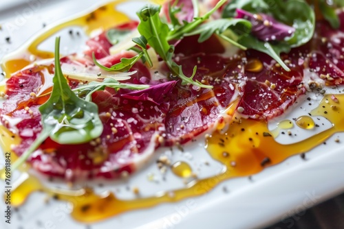 precisely plated carpaccio with sauce droplets