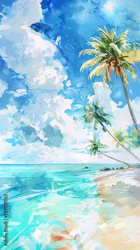 Tropical island beach, turquoise water, wide lens, sunny, watercolor paradise © Thanthara