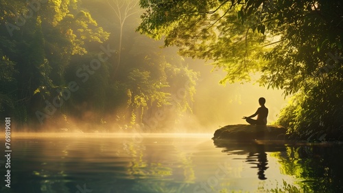 A person meditates on a riverbank in serene, sunlit forest mist.