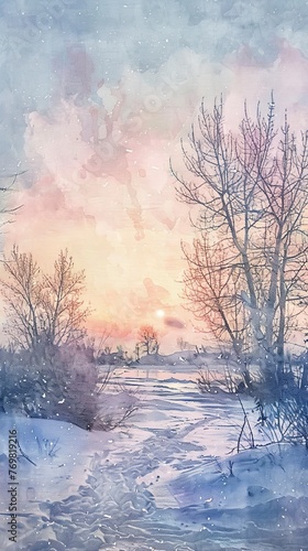 Winter sunrise, pale light on snow, wide angle, serene, watercolor chill