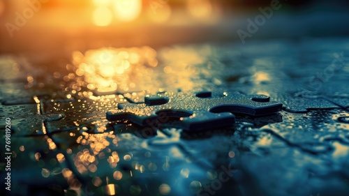 Close-up of a puzzle piece on wet surface with sunlight reflecting in the background.