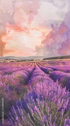 Lavender fields at sunset, soft purples and golds, low angle, peaceful, watercolor blend 