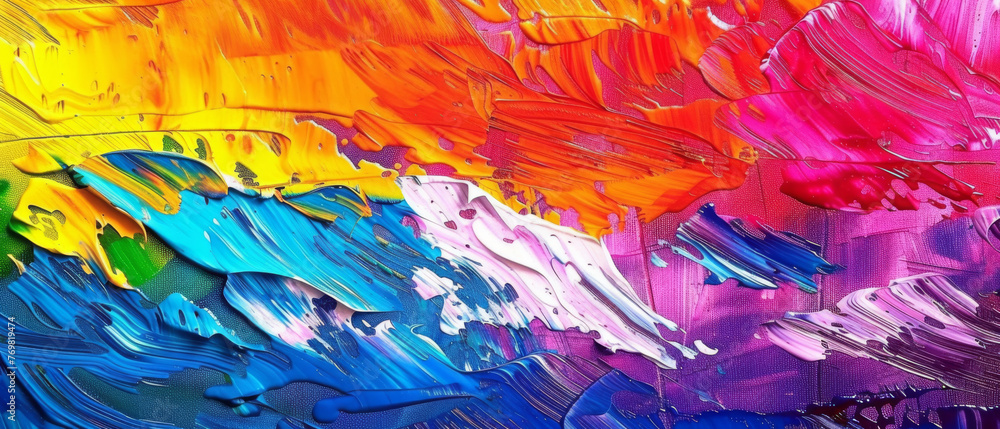 Vibrant and dynamic, this abstract painting boasts a rough texture and an explosion of multicolored rainbow hues. - obrazy, fototapety, plakaty 