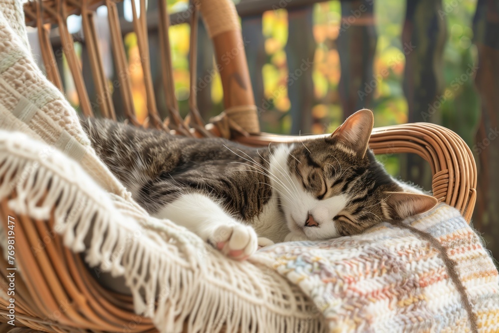 cat napping on wicker chair with blankets - obrazy, fototapety, plakaty 