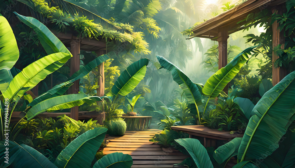 Obraz premium Abstract green floral elements banana leaves and plant with high quality detail of tropical on digital art concept.