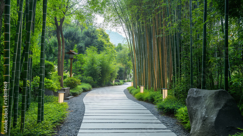 Stone walkway with the bamboo tree on beside of the walkway, lifestyle concept for living with the nature