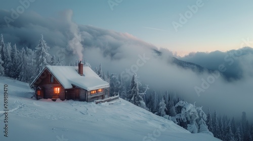 Cozy Mountain Cabin in Snowy Winter Landscape A secluded log cabin with warm glowing windows nestled in a tranquil snow-covered mountain landscape at dusk.