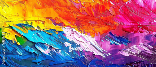 Vibrant and dynamic, this abstract painting boasts a rough texture and an explosion of multicolored rainbow hues. photo