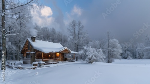 Rustic Log Cabin during Snowfall at Twilight Snowfall blankets a traditional log cabin amidst a forest at twilight, with smoke rising from the chimney into the calm winter sky. © nitiroj