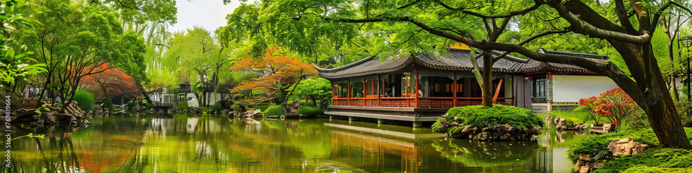 Obraz premium China Suzhou Garden Autumn Landscape Banner,created with Generative AI tecnology.