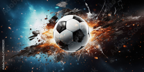 Soccer ball with explosive impact against a cosmic backdrop