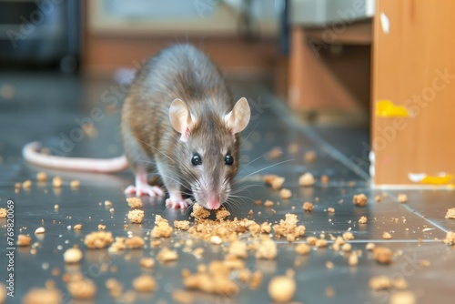 closeup of rat eating crumbs on kitchen floor