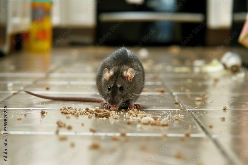 closeup of rat eating crumbs on kitchen floor