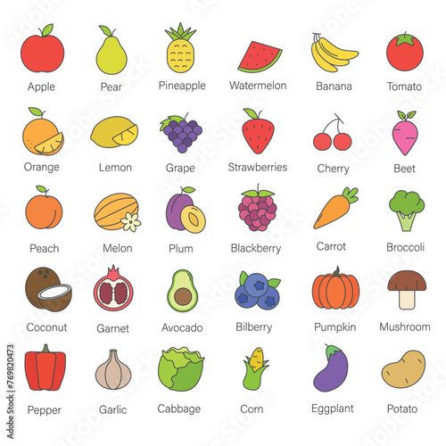 Set of vegetables and fruits with names line icons illustration