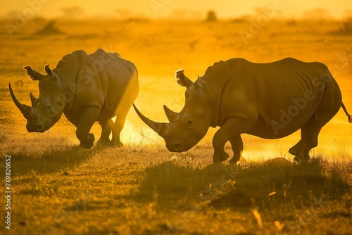 rhinos casting long shadows in golden sunset