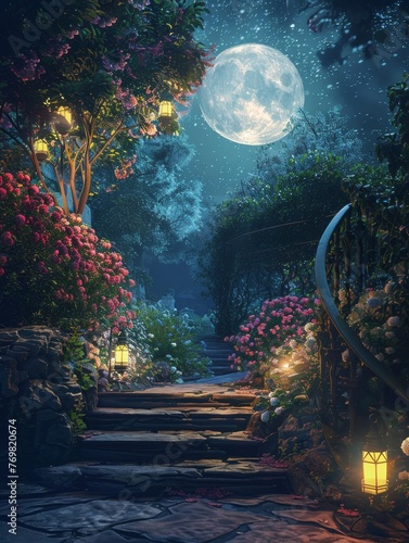 A bewitching moon casts its light on a flower-laden walkway, with lanterns adding warmth to the nocturnal garden scene.